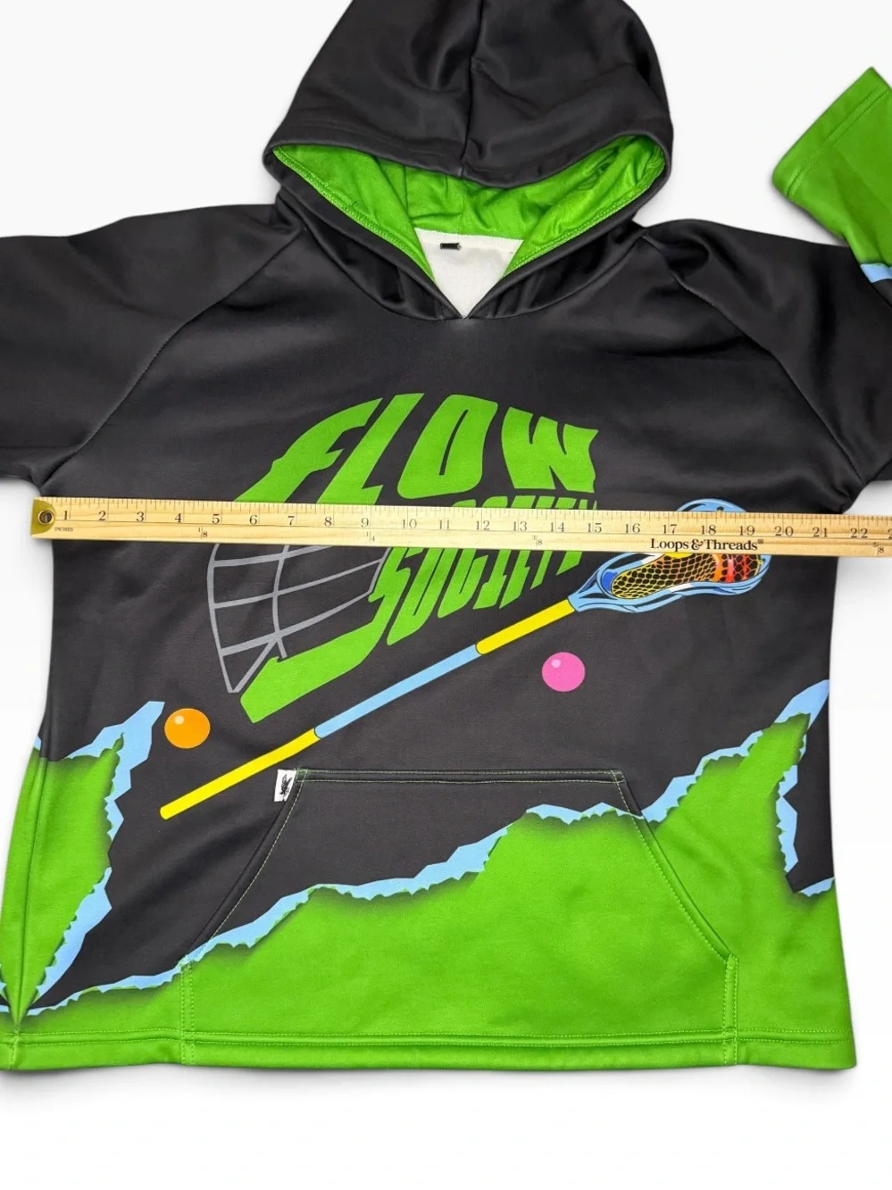 Flow Society Black & Green Lacrosse Themed Hoodie-Youth Medium